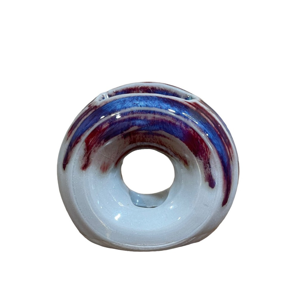 Studio Pottery Round Donut Vase Blue Small Ceramic Signed Judy Drip Glaze Boho